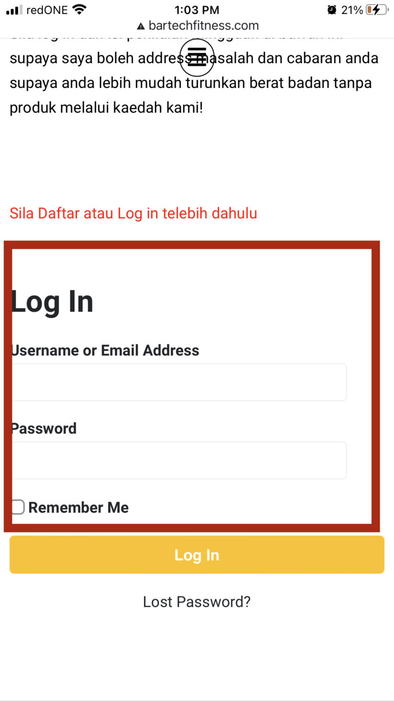 Langkah 5 - Login dengan menggunakan username dan password yang telah di berikan melalui MEAL PLAN